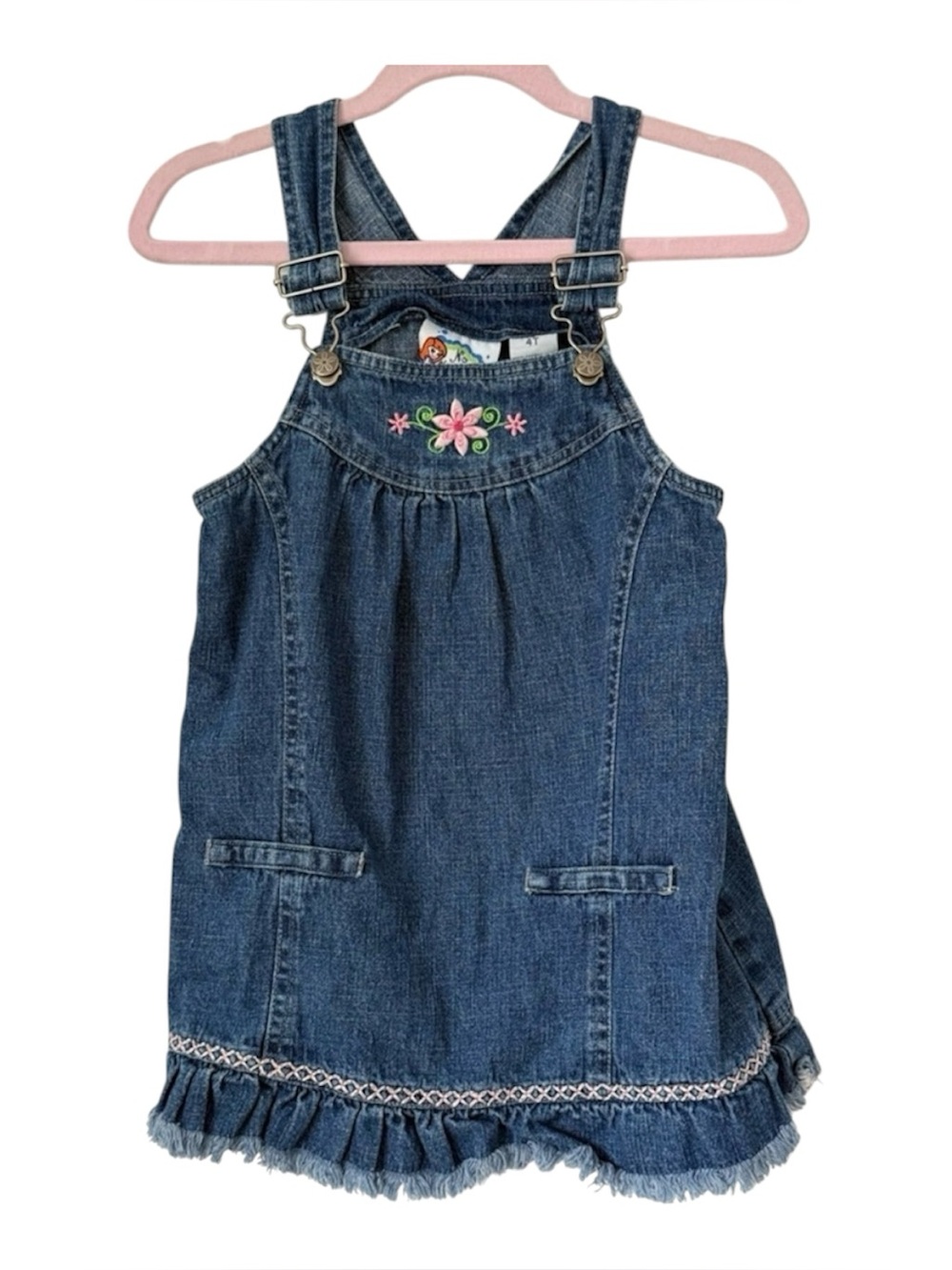 No Kidding Y2K Embroidered Floral Print Denim Jumper Dress 4T